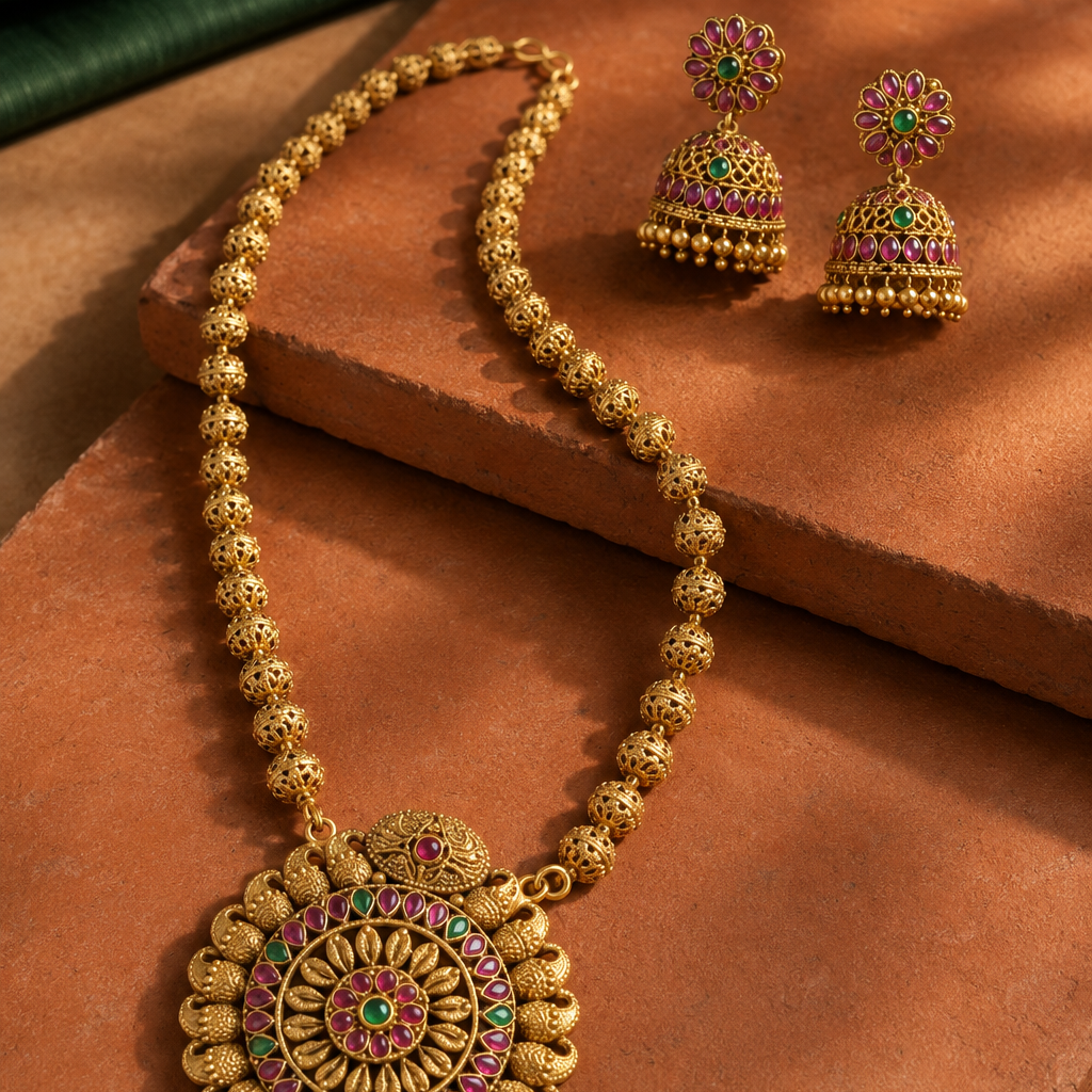 Chakra Gold Tone Pendant Long Necklace Set