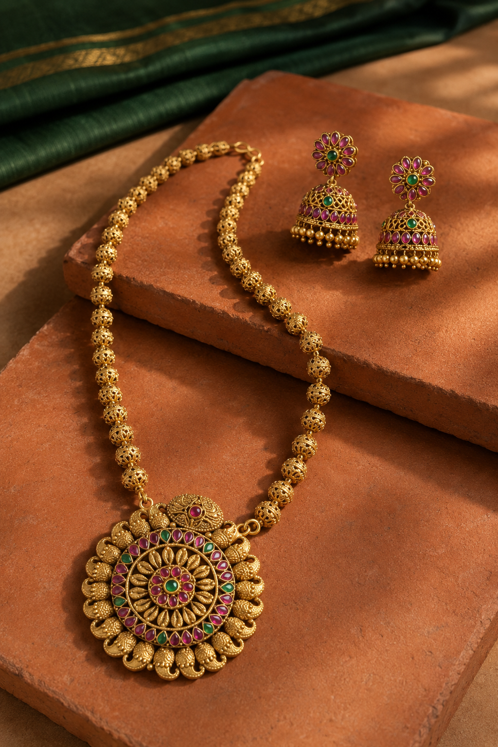 Chakra Gold Tone Pendant Long Necklace Set