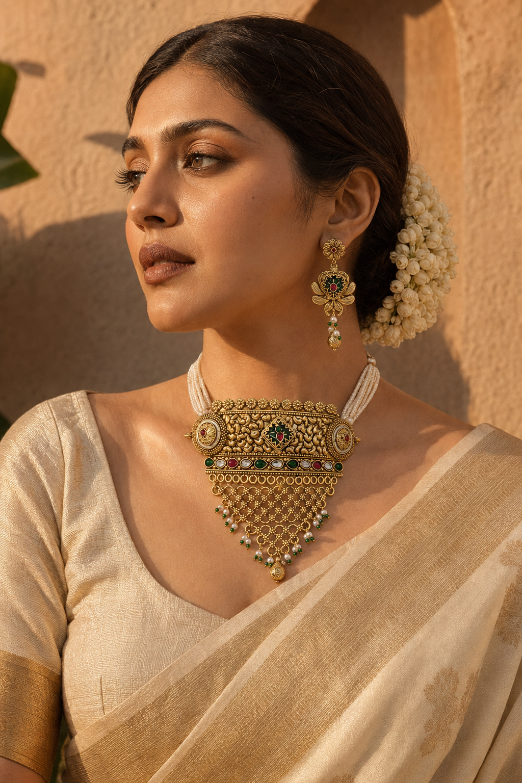 Rajwadi Floral Kundan-Inspired Pearl Choker Set