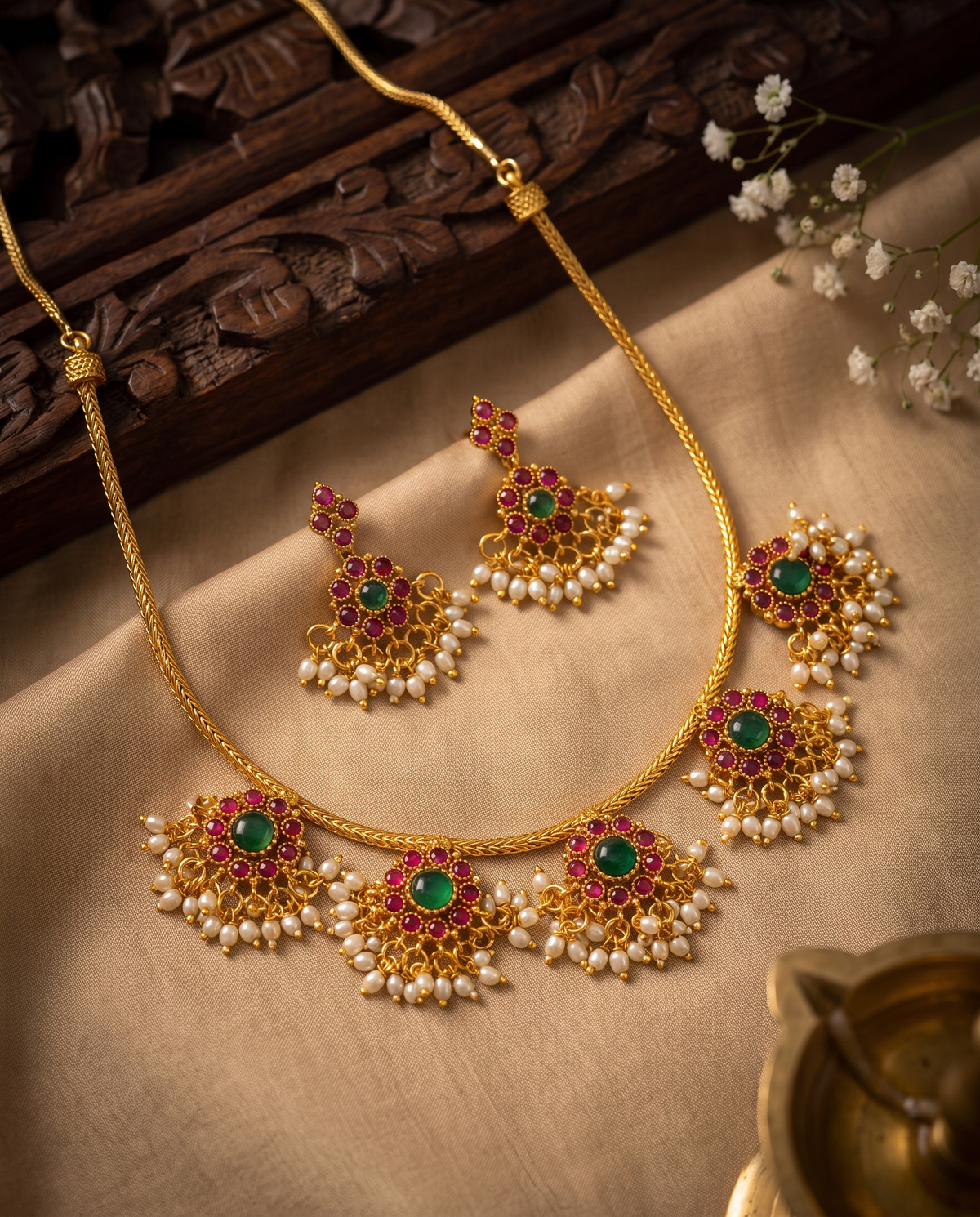 Multicolour Kemp Gold Plated Floral Necklace Set with Earrings