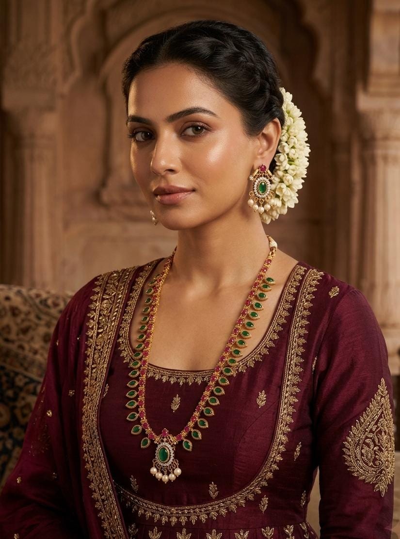 Green Stone Floral Drop Necklace Set