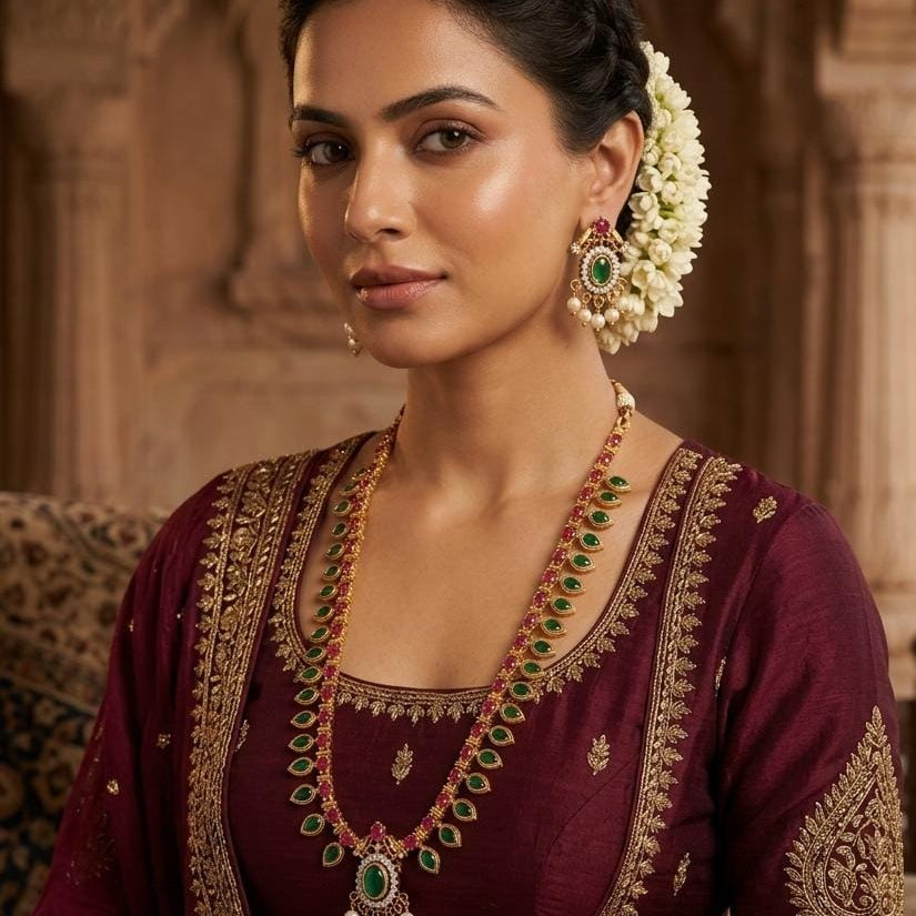 Green Stone Floral Drop Necklace Set
