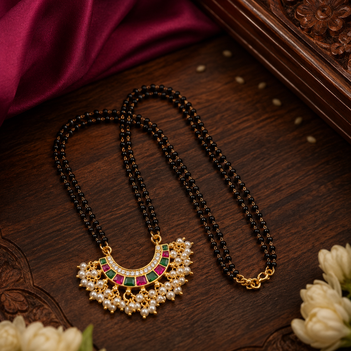 Multicolour Jadau Kundan Gold Plated Black Bead Mangalsutra