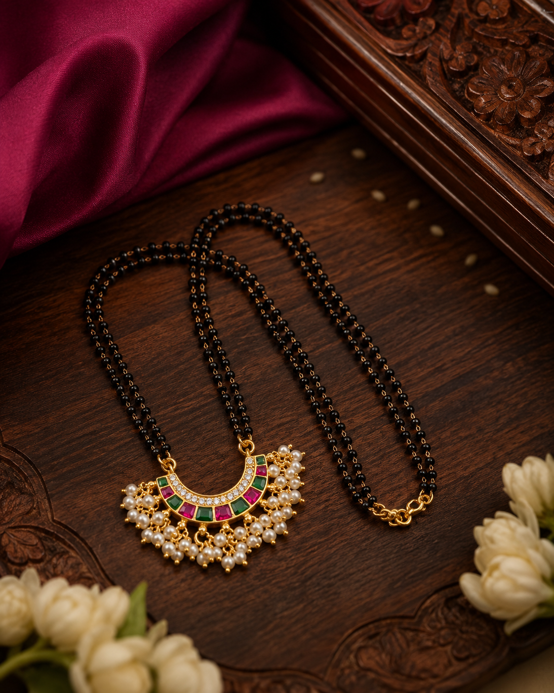 Multicolour Jadau Kundan Gold Plated Black Bead Mangalsutra