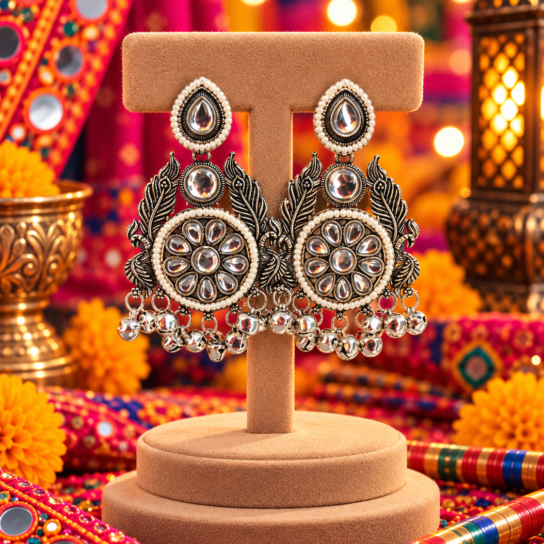 Oxidised Round Floral Jhumka Earrings