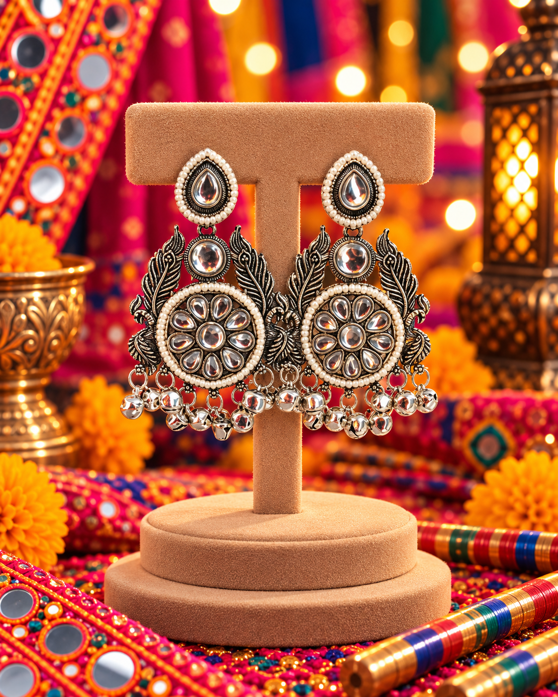 Oxidised Round Floral Jhumka Earrings