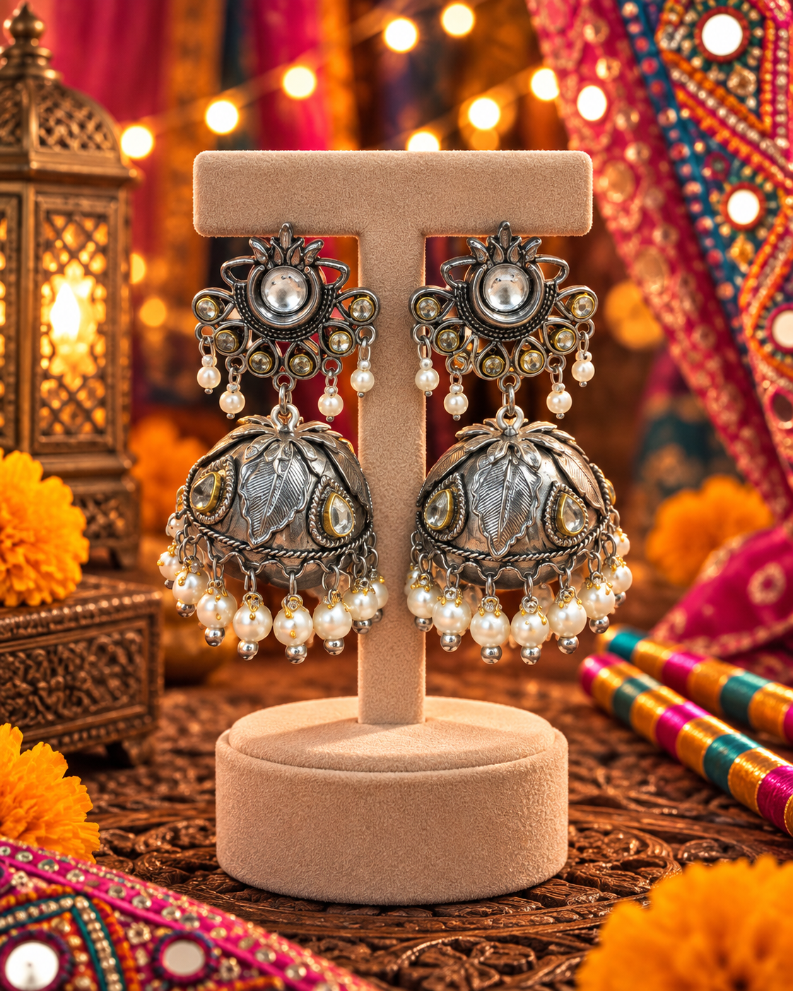 Oxidised Stone Dome Jhumka Earrings