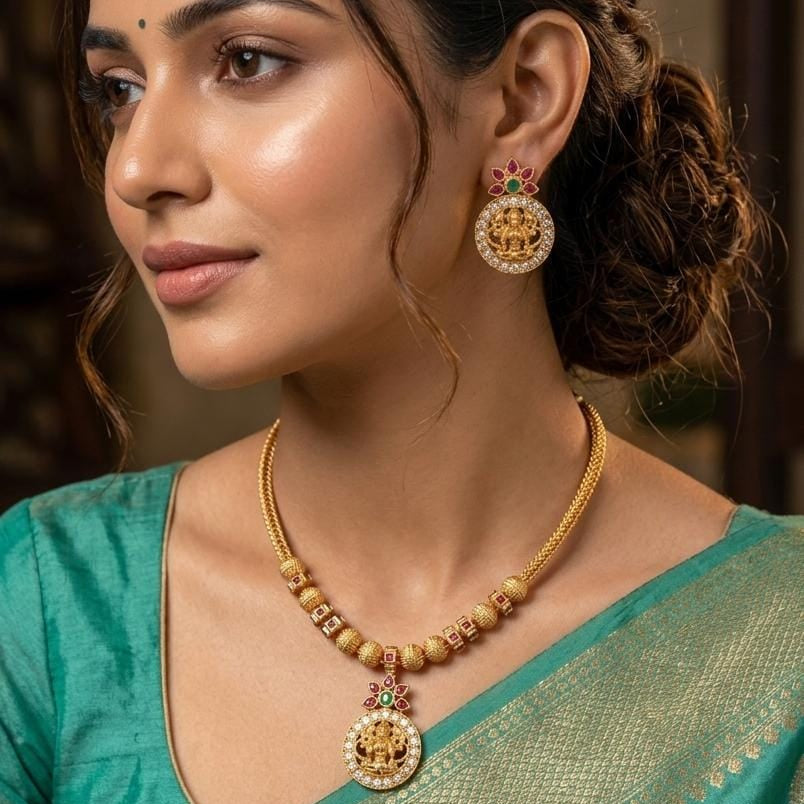 Ruby Green Stone Pendant Necklace Set