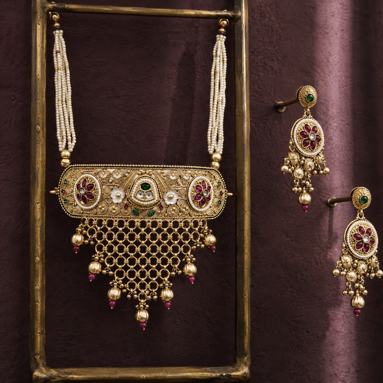 Rajwadi Ruby Floral Kundan Choker Set