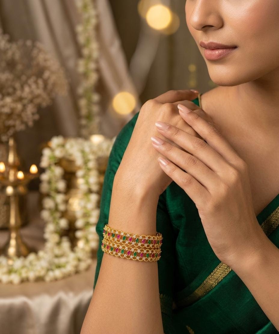 Gold Plated Pink Green Stone Broad Bangle