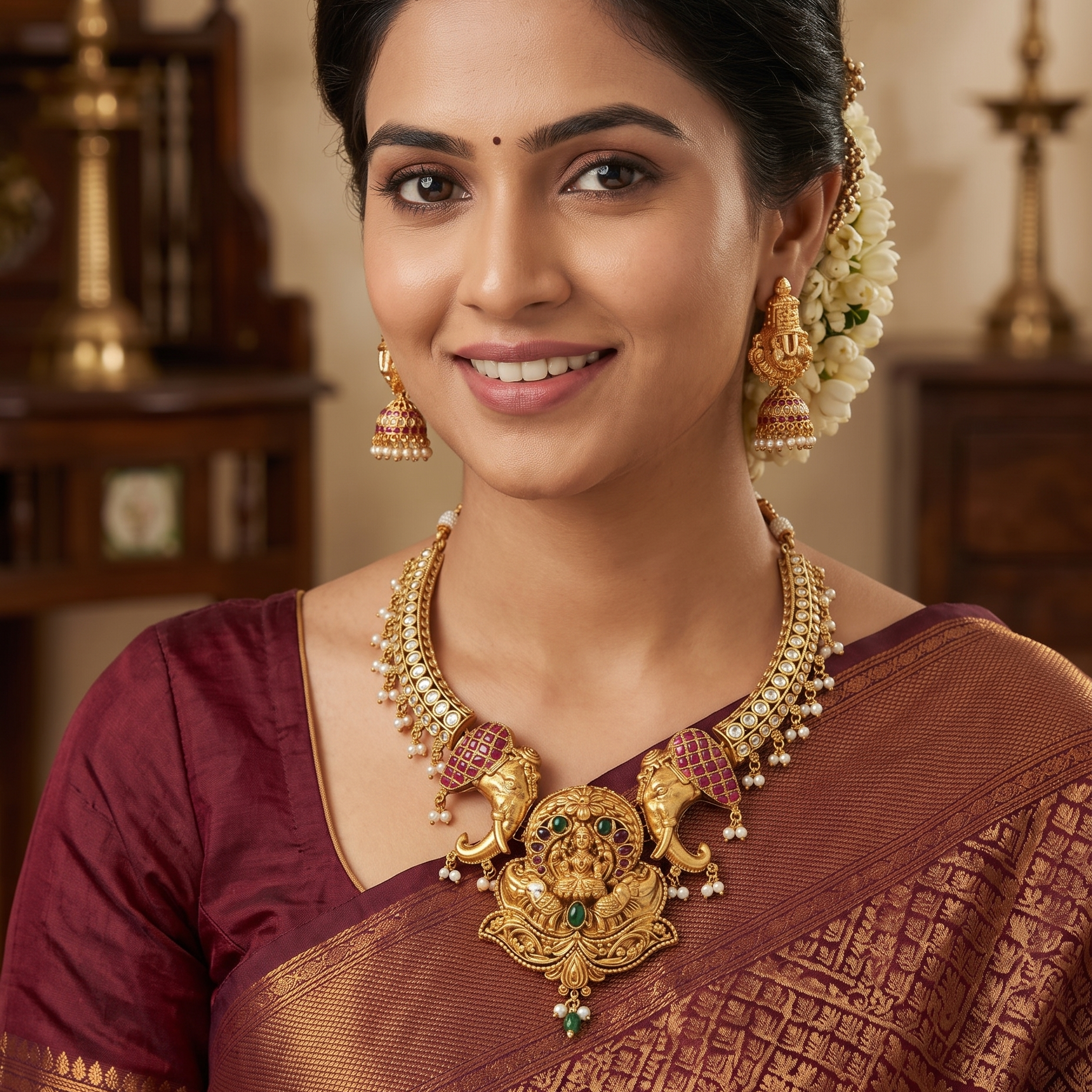 Elephant Lakshmi Devi Gold Plated Necklace Set