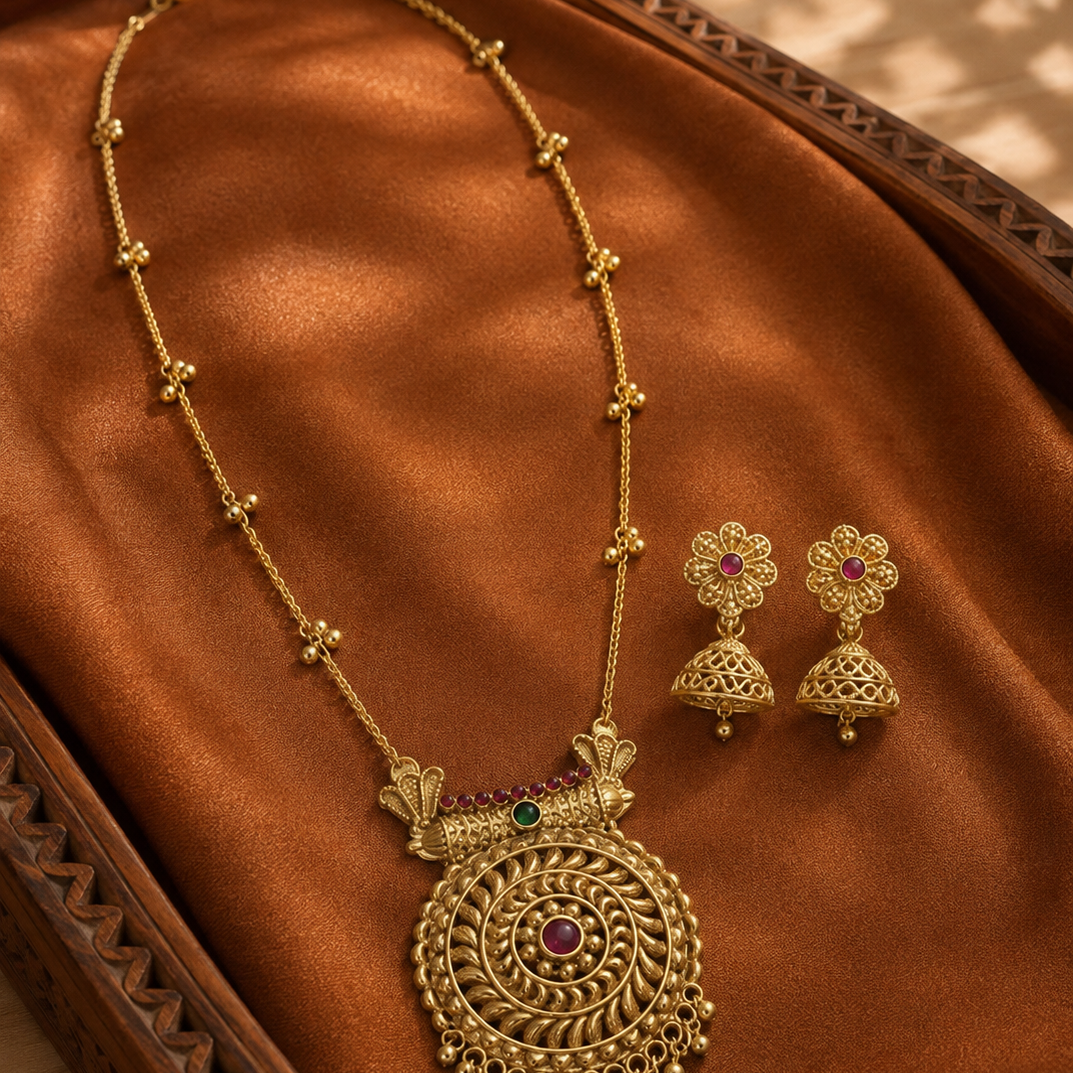Multicolour Temple Gold Plated Pendant Necklace Set