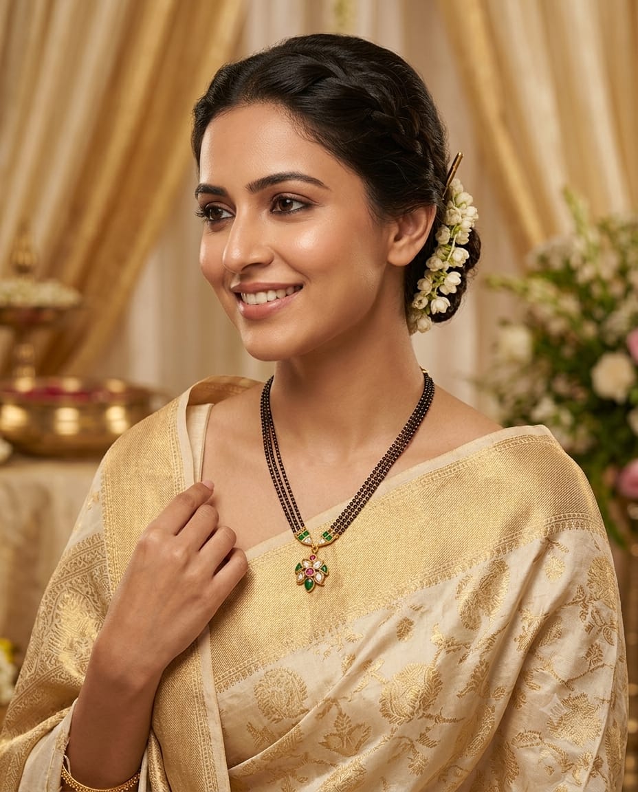Gold Finish Black Bead Green Pink Drop Pendant Mangalsutra