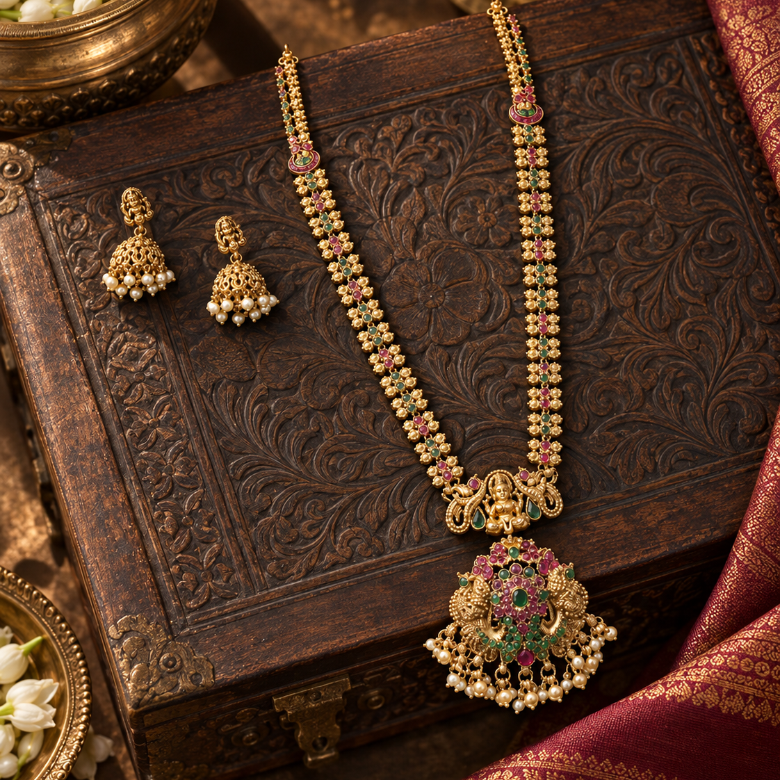 Floral Lakshmi Devi Gold Plated Pendant Necklace Set