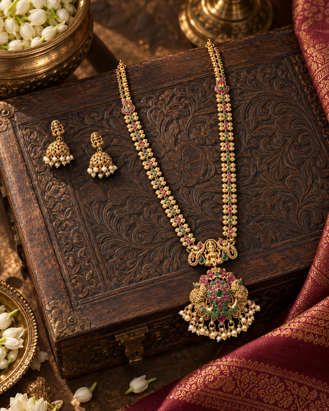 Floral Lakshmi Devi Gold Plated Pendant Necklace Set