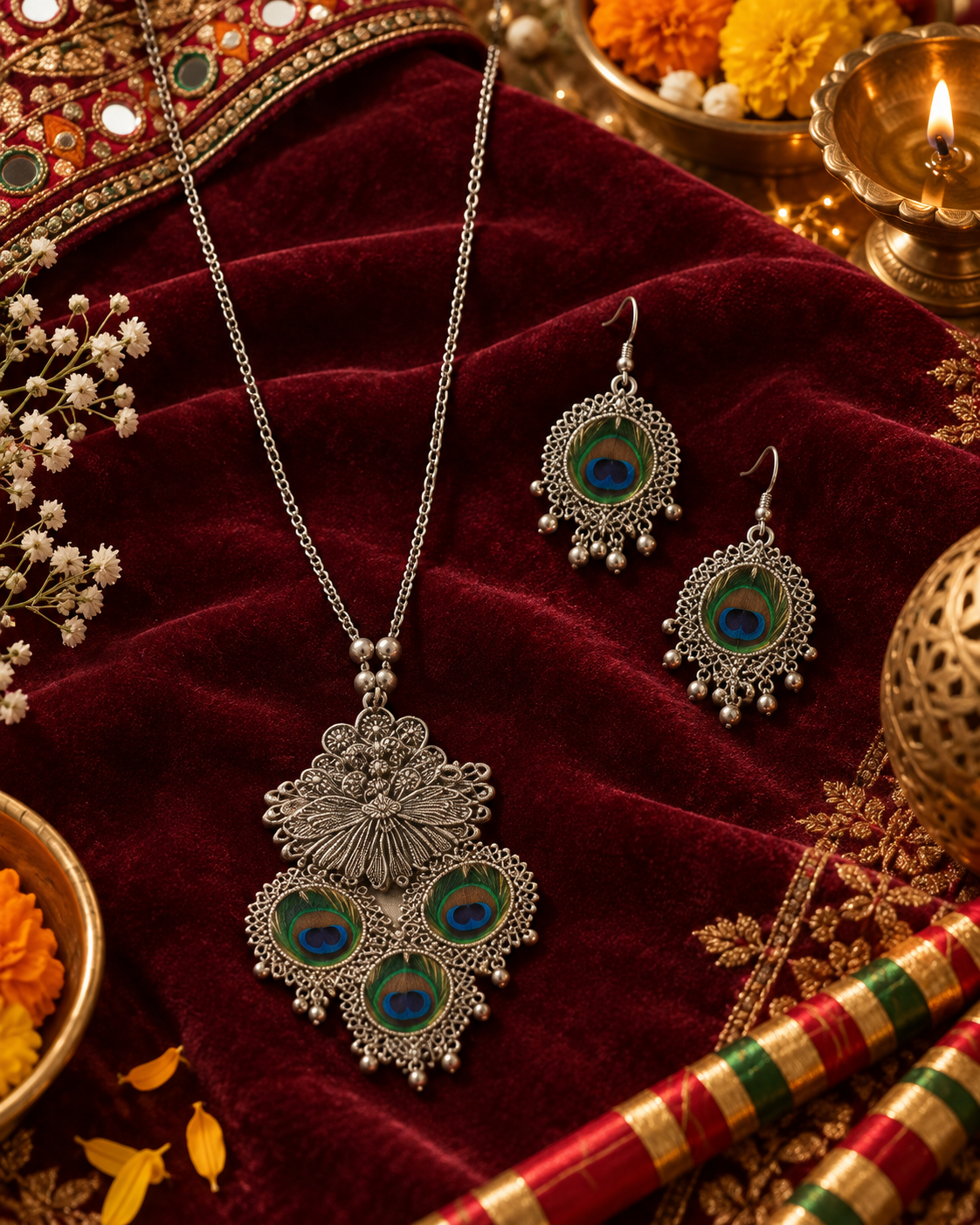 Oxidised Peacock Necklace Set