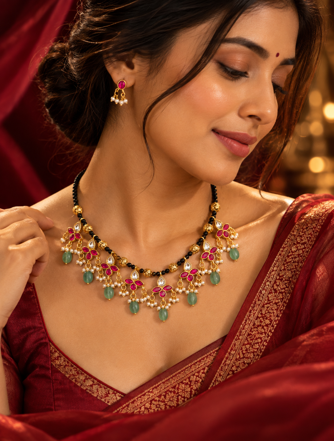 Pink Green Leaf Motif Black Bead Mangalsutra