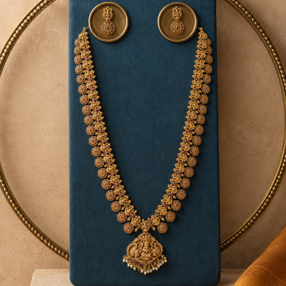 Lakshmi Devi Kasula Long Gold Plated Haram Necklace