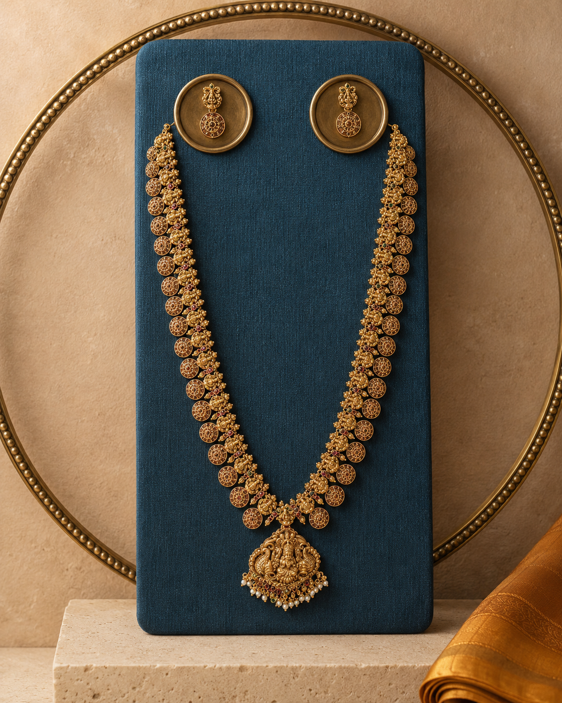 Lakshmi Devi Kasula Long Gold Plated Haram Necklace