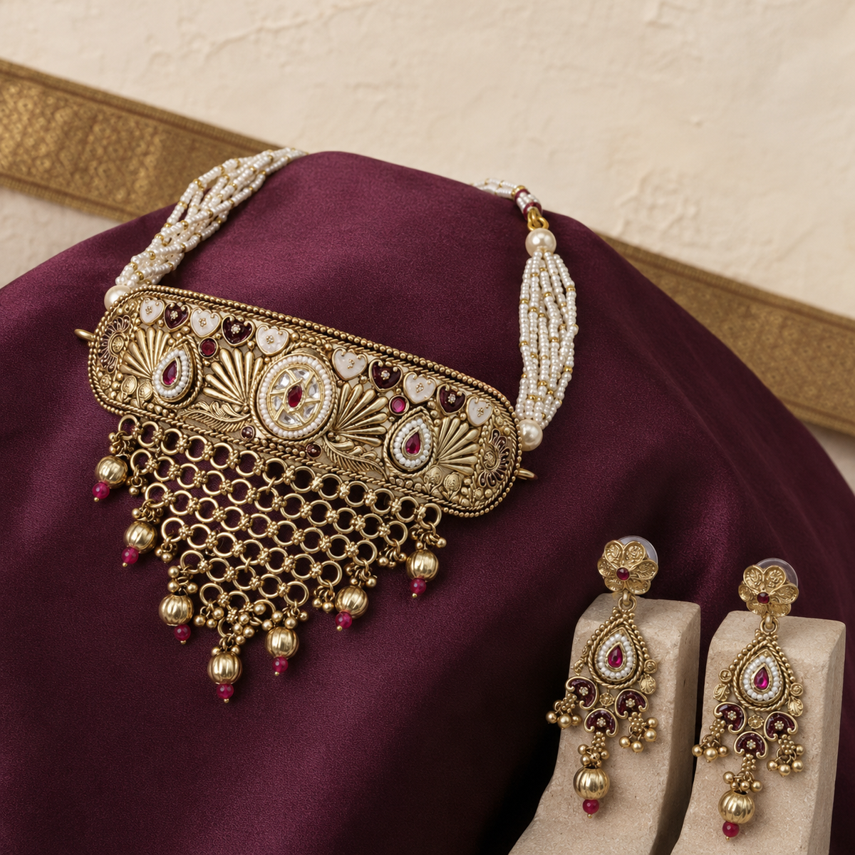 Rajwadi Fan-Motif Kundan Choker Set