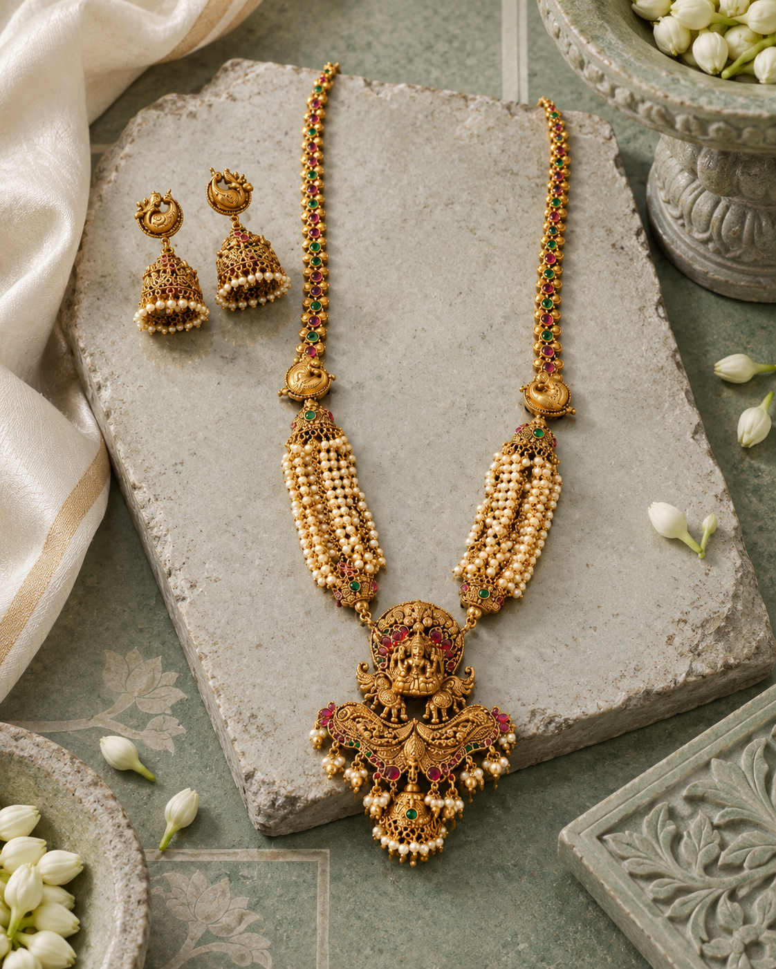 Pearl Beaded Strand Lakshmi Devi Gold Plated Necklace Set