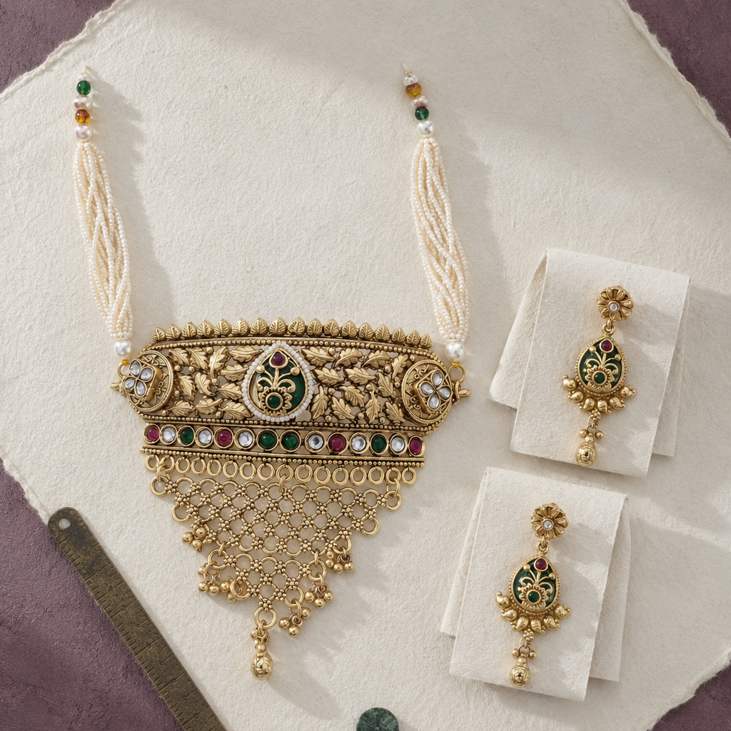 Floral Peacock Gold Plated Choker Necklace Set